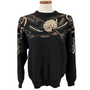Vintage Christine Gerard Black Sequin Beaded Sweater M 80s Glam Party Dolman
